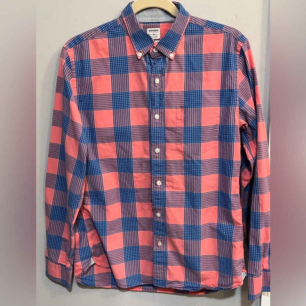 Bonobos Mens Casual Slim Fit Button Down Size Medium 100% Cotton Salmon & Navy